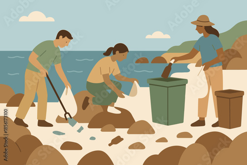 Flat volunteers blue vector icon no sand labels style eco earth coastline