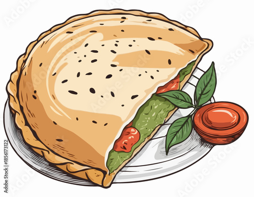 Detailed Woodcut Illustration of a Savory Empanada Pastry on White Backdrop
