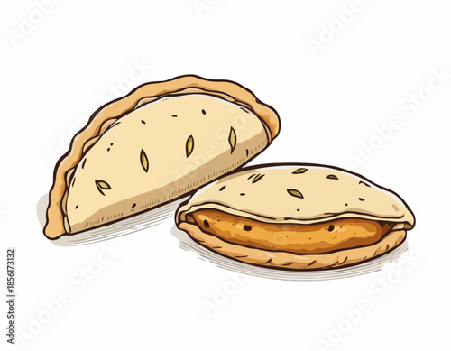 Detailed Woodcut Illustration of a Savory Empanada Pastry on White Backdrop
