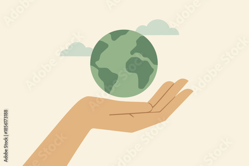 Flat sky blue no geometric vector hand icon planet green warm brown