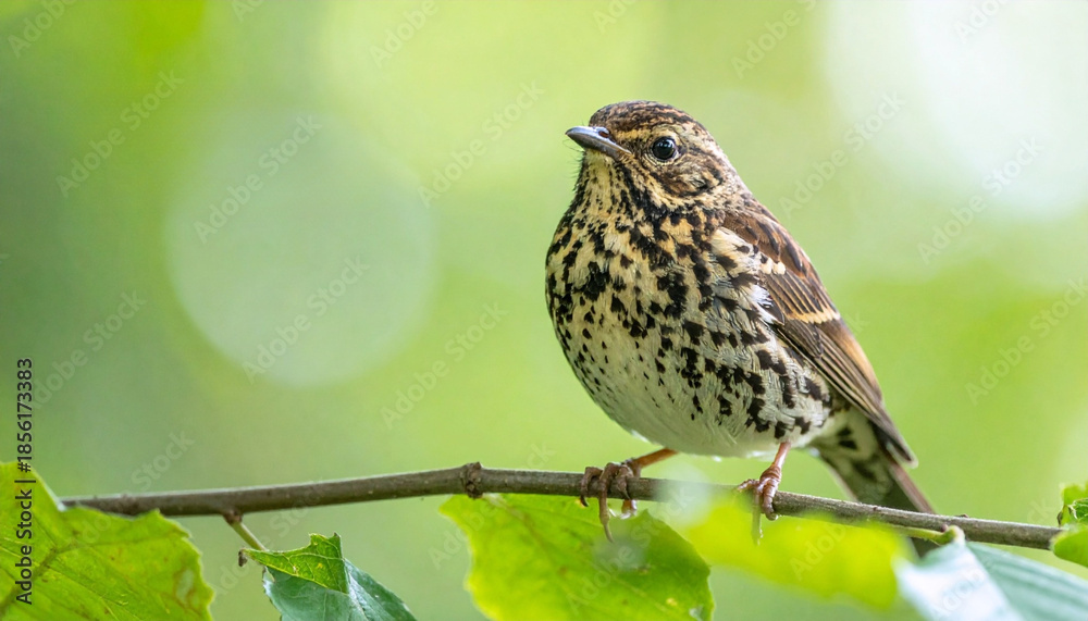 Fototapeta premium Close Up of Spotted Wild Bird Perched in Soft Green Bokeh