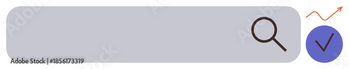 Minimalistic search bar featuring a magnifying glass, upward arrow for progress, blue checkmark for validation. Ideal for search, success, growth, approval, achievement innovation exploration. A