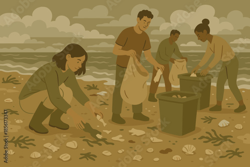 Flat green beach text cleanup no vector negative textured volunteers icon into