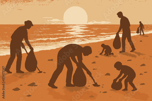 Beach sunrise earth terracotta trash no cleanup cream vector letters handmade icon
