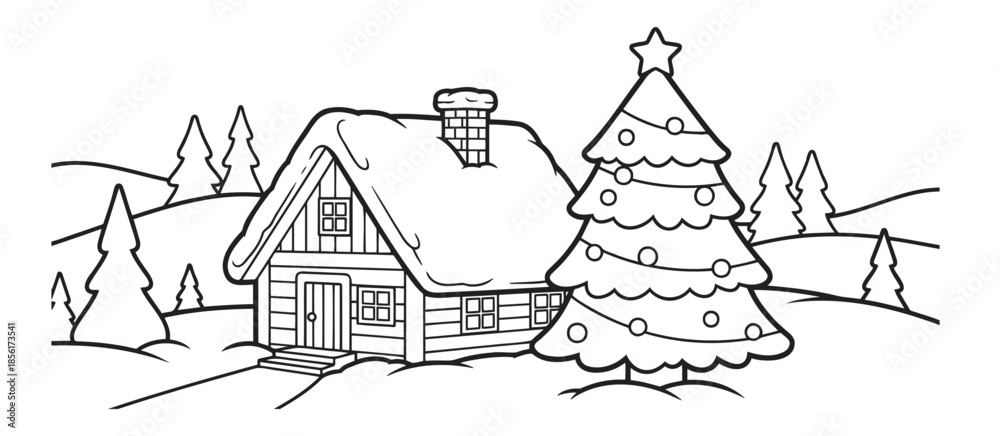 Fototapeta premium Snowy wooden cabin with decorated Christmas tree in winter landscape — ideal for kids coloring pages, holiday activities, Christmas crafts