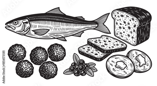 Scandinavian food set with fish, rye bread, berries and sausage slices — ideal for Nordic cuisine, healthy eating, traditional meal and cultural food content.