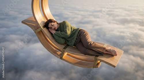 Woman sleeping on a wooden chair floating above the clouds