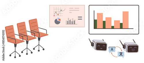 Office chairs, charts analyzing data, bar graph, and AI devices with translation arrows. Ideal for teamwork, business analytics, workplace tech, automation, education design planning simple flat