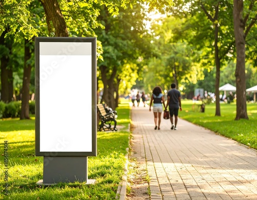A vibrant park scene with a blank rectangular display, walkway, and two people strolling away, immersed in sunlight