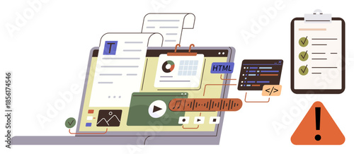 Laptop screen displaying text documents, charts, code, media, and lists. Highlighting content collaboration, programming, workflow tracking. Ideal for productivity web creation digital tools