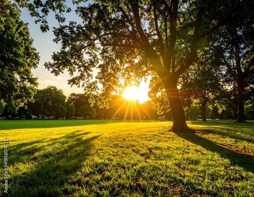 A vibrant park scene with a large tree illuminated by the setting sun, casting shadows on the green grass. The sky glows