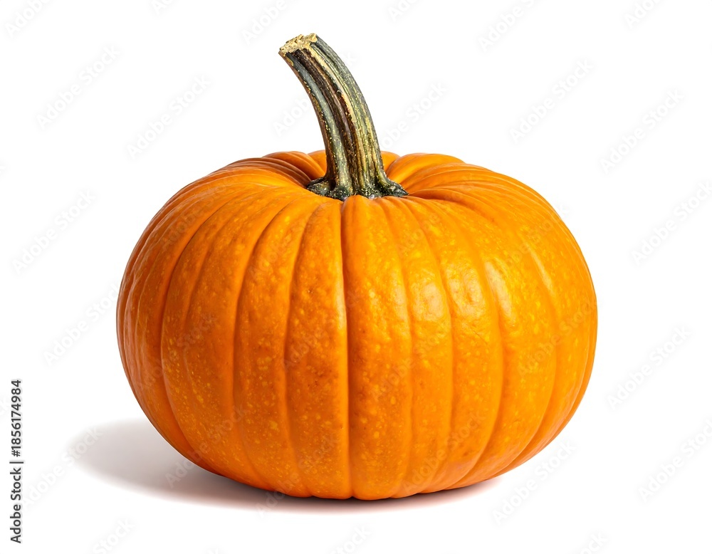 Fototapeta premium A vibrant, perfectly round, orange gourd with a textured stem casts a shadow against a clean, white backdrop, highlighting its smooth surface