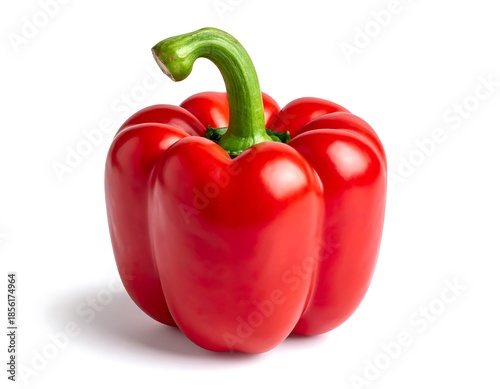 A vibrant, perfectly formed red bell pepper is isolated against a clean white backdrop, showcasing its smooth texture and fresh, green stem