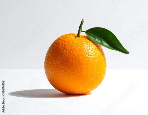 A vibrant, perfectly round orange sits on a white surface, complete with a green leaf and stem. Sunlight casts a shadow