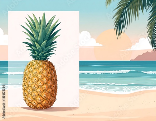 A vibrant pineapple stands within a white frame, contrasting against a sun-drenched beach with gentle waves and palm fronds