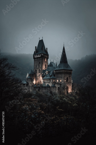 Medieval castle illuminating the dark, foggy forest at twilight