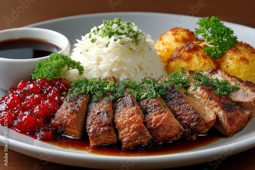 Roasted duck breast serving with rice and cranberry sauce