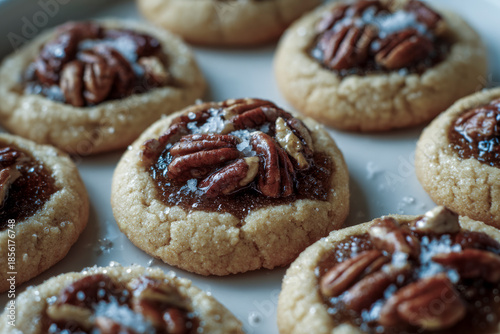 Pecan thumbprint cookies with salted caramel and sugar