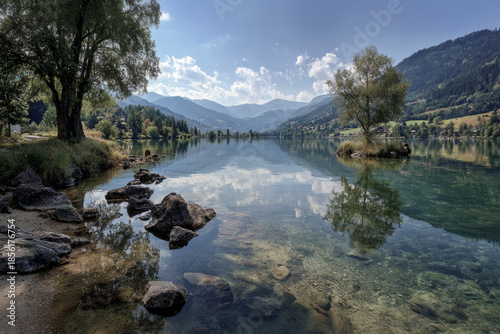 Alpine lake embracing clear water showing mountain reflections