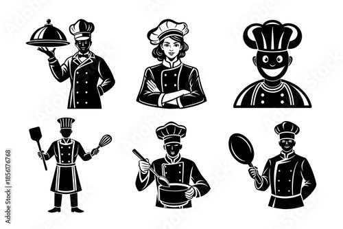 Set of black vector Chef silhouette Set and work pictograms as a symbol for every person and job