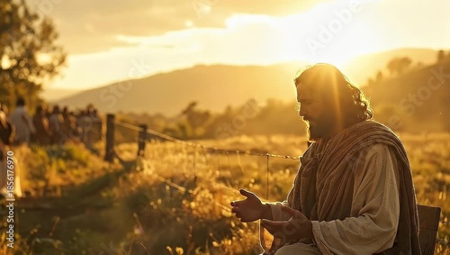 Jesus Christ Preaching to Followers in a Golden Sunset Landscape.