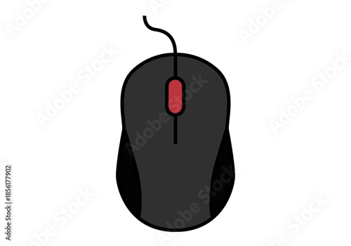 Ratón de ordenador ergonómico con cable y rueda de desplazamiento roja sobre fondo blanco