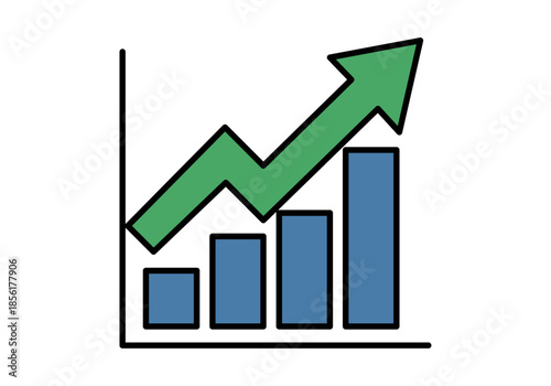 Gráfico de barras azul con flecha verde ascendente que muestra crecimiento empresarial sobre fondo blanco