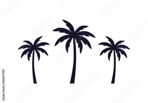 Siluetas negras de tres palmeras tropicales aisladas sobre fondo blanco