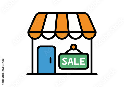 Icono de una tienda pequeña con toldo naranja y cartel de rebajas sobre fondo blanco