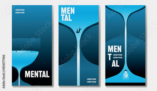 Abstract mental health poster set with hourglass shapes and small human silhouettes. Concept of burnout, anxiety, stress, time pressure and emotional exhaustion in modern minimal style.