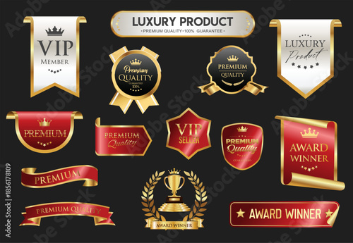 Number 1 award winner, Best Quality Luxury Gold badge premium emblem isolated on black background stock illustration