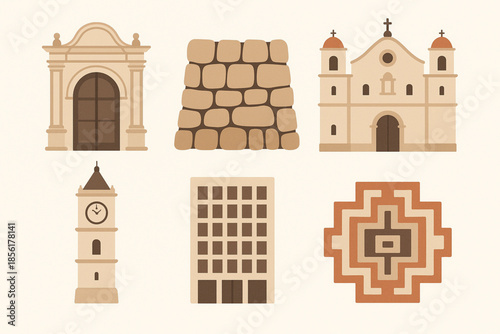 Bolivian architecture styles vector icons minimal set