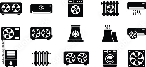 Collection of black silhouette icons representing various climate control systems including air conditioners fans humidifiers and industrial cooling towers for HVAC concepts