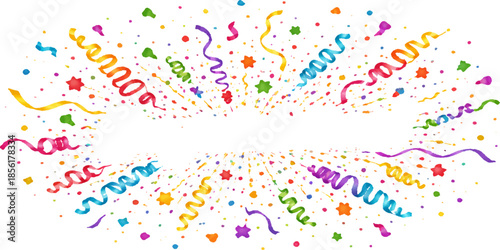 Colorful confetti background pattern with festive paper shapes and a vibrant paint splash design for a birthday celebration frame or holiday party wallpaper illustration