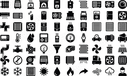A comprehensive collection of black silhouette icons representing various heating cooling ventilation and air conditioning system components and climate control devices for design projects.