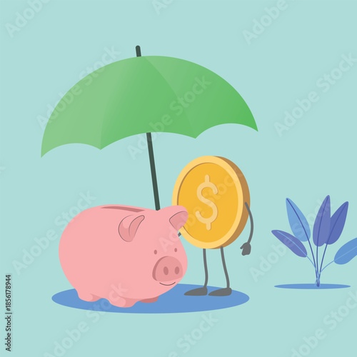 Financial security, reliable bank, money protection, piggy bank, gold dollar coin, bank guarantees. Financial risk insurance, economic security, money storage, wealth