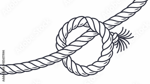 Vector illustration of a rope with a knot featuring a strong brown twisted jute cord tied on an isolated white background for nautical marine connection