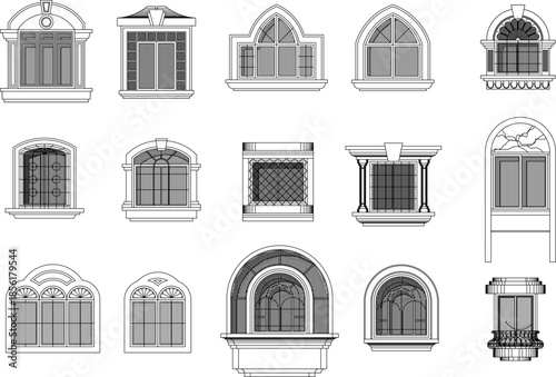 A detailed vector collection of various classic window styles, featuring pointed arches, ornate grilles, and decorative balcony rail elements.