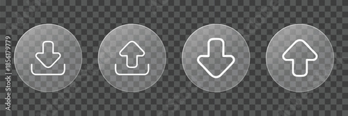 Set of transparent glass user interface icons. upload and download. vector illustration on transparent background