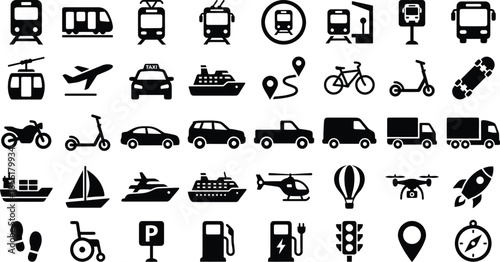 Collection of essential black and white transportation icons depicting various modes of travel including road rail air sea and alternative mobility options for map design