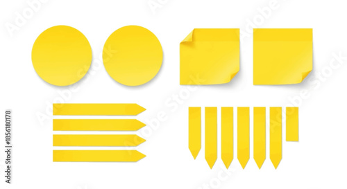 Yellow sticky note shapes and icons.