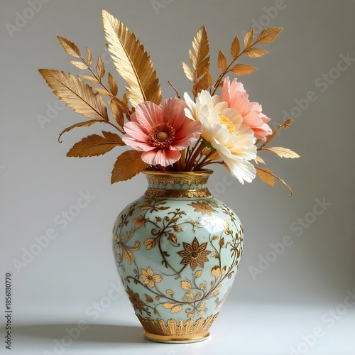 A ceramic vase with flowers and golden leaves.  © beres