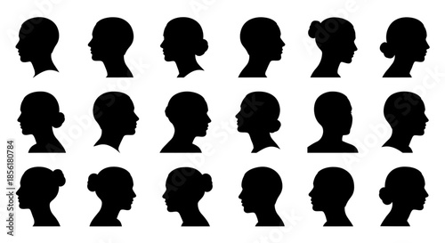 Collection of 18 black human head silhouettes in profile view, showing various hairstyles and head shapes, isolated on a white background.