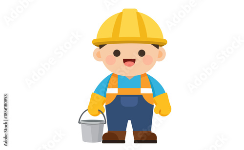 Smiling builder with bucket – cute construction kid illustration