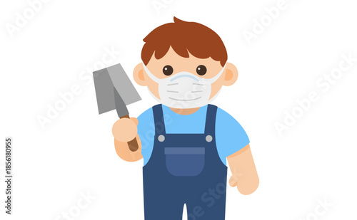 Plasterer in safety mask – cute construction kid illustration