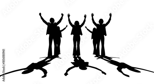 A professional collection of black vector silhouettes featuring a diverse group of business people, men, and women in suits walking and posing as a team