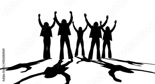 Silhouettes of five people with raised arms celebrating success or unity, casting long shadows on a stark white background.
