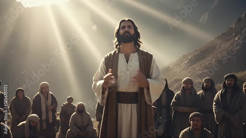 Jesus Christ Preaching to Disciples in a Dramatic Scene with Light Rays.