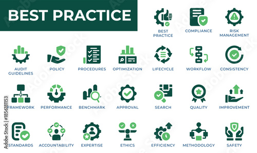 Best Practice and Quality Control Icon Set. Vector Icons for Compliance, Standards, and Risk Management.