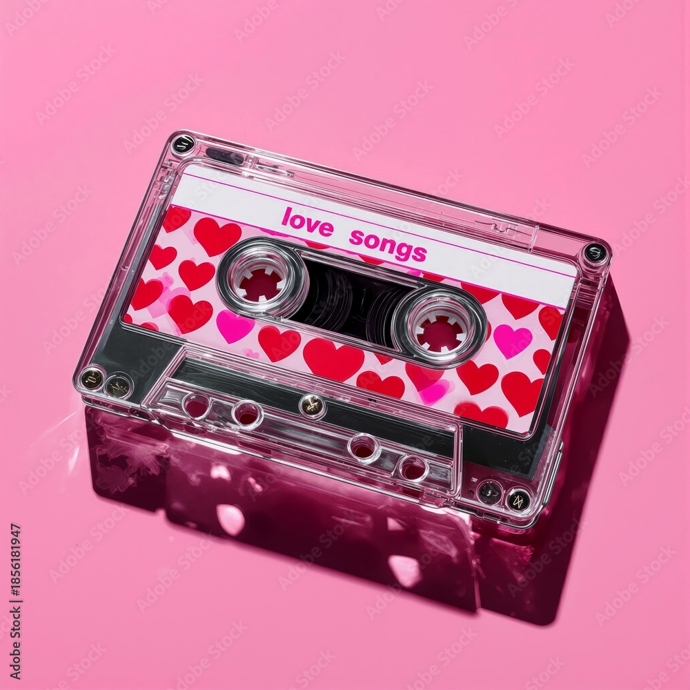 Naklejka premium Retro cassette tape with red heart pattern labeled love songs on pink background, romantic nostalgia concept for music, Valentine’s Day, relationships, pop culture, and creative design.